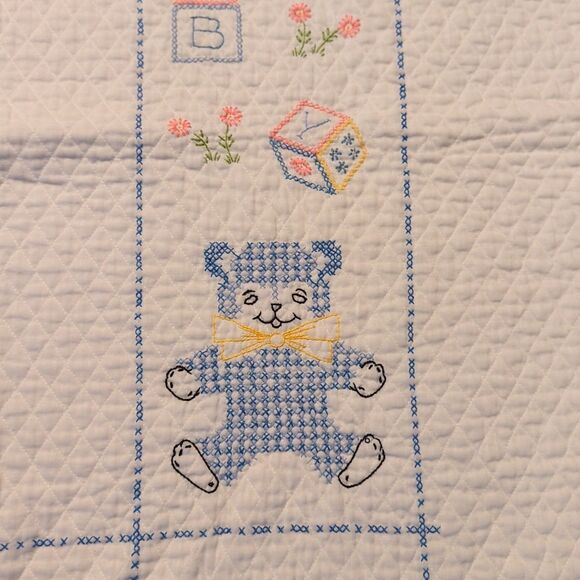 Vintage Cross Stitch Baby Quilt Blanket Blocks Bunny Elephant Bear Flowers - Picture 6 of 11